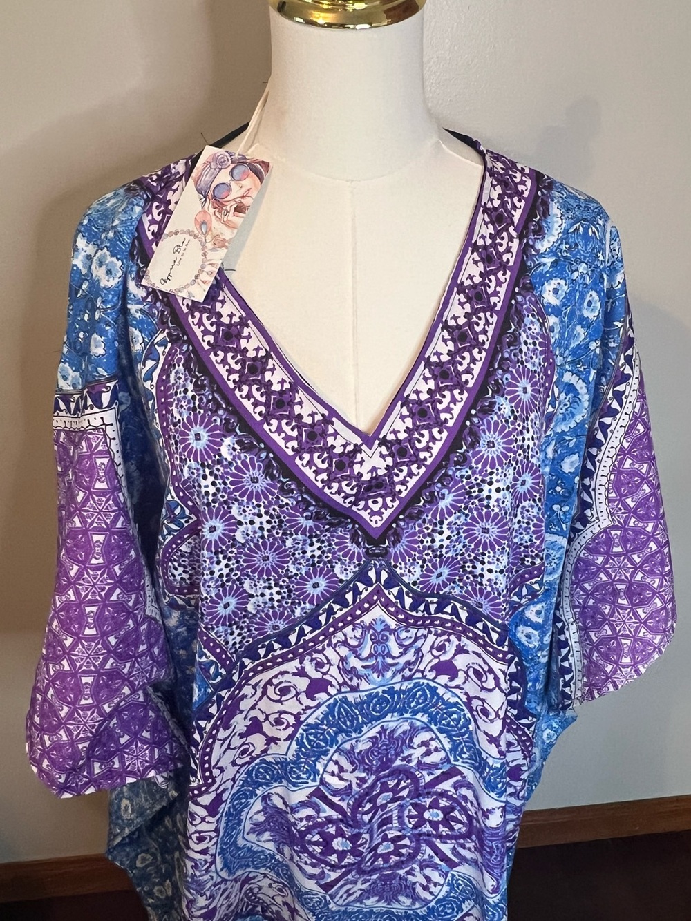 NWT Gypsie Blu Kaftan Cover Up Tunic Blue Purple Boho V-Neck One Size